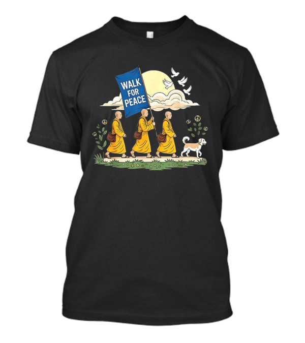Walk For Peace Buddhist Monks And Dog Journey With Doves And Peace T-Shirt
