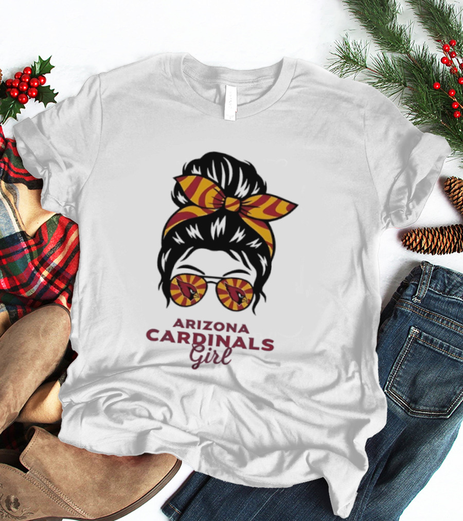 Arizona Cardinals Girl Messy Bun Glasses Vintage Sports Fan T-Shirt