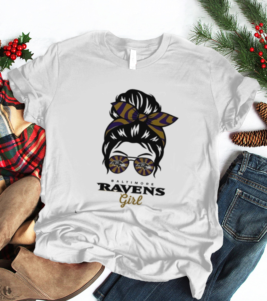 Baltimore Ravens Girl Messy Bun Glasses Bow Fan Gear T-Shirt