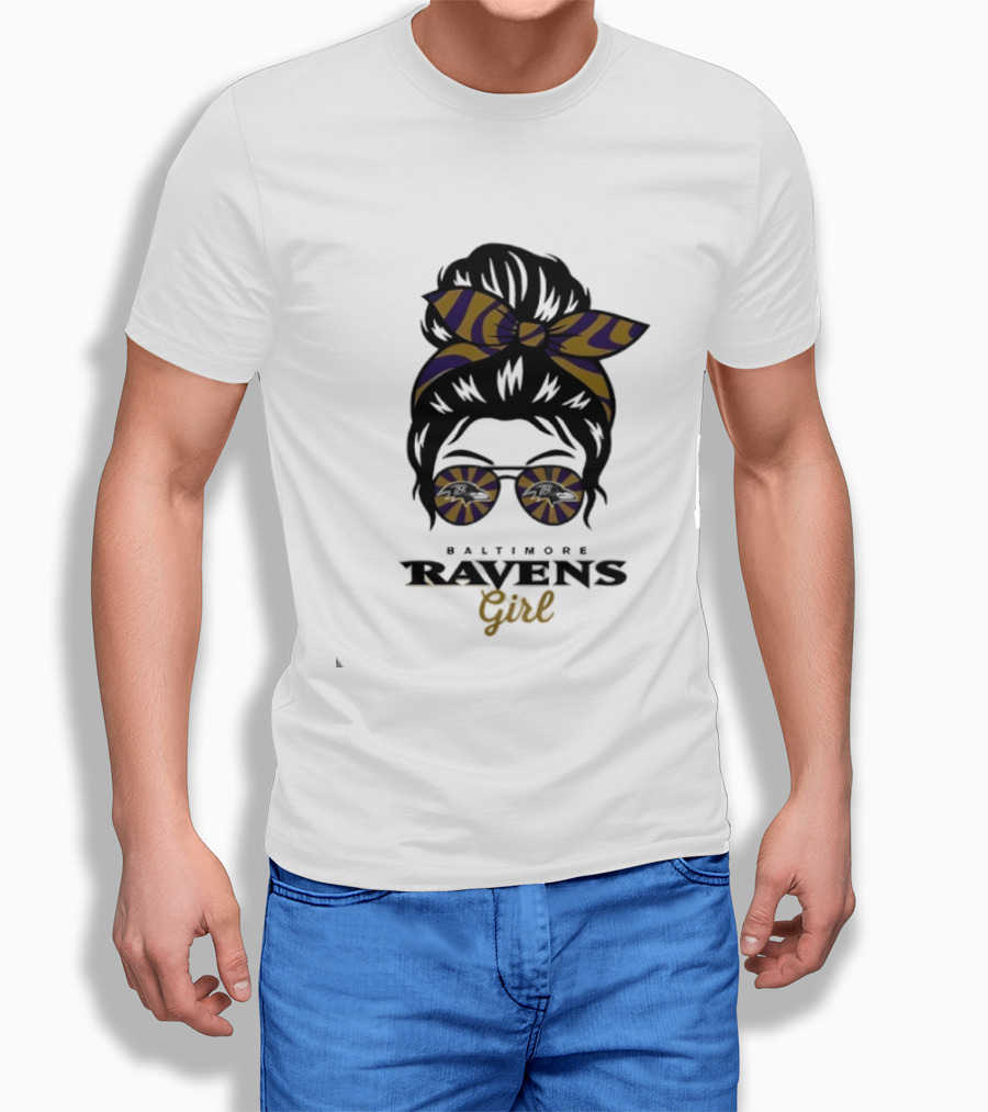 Baltimore Ravens Girl Messy Bun Glasses Bow Fan Gear T-Shirt