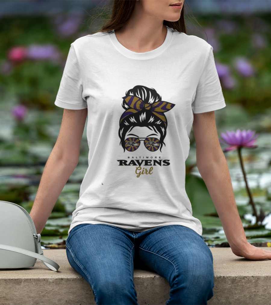Baltimore Ravens Girl Messy Bun Glasses Bow Fan Gear T-Shirt