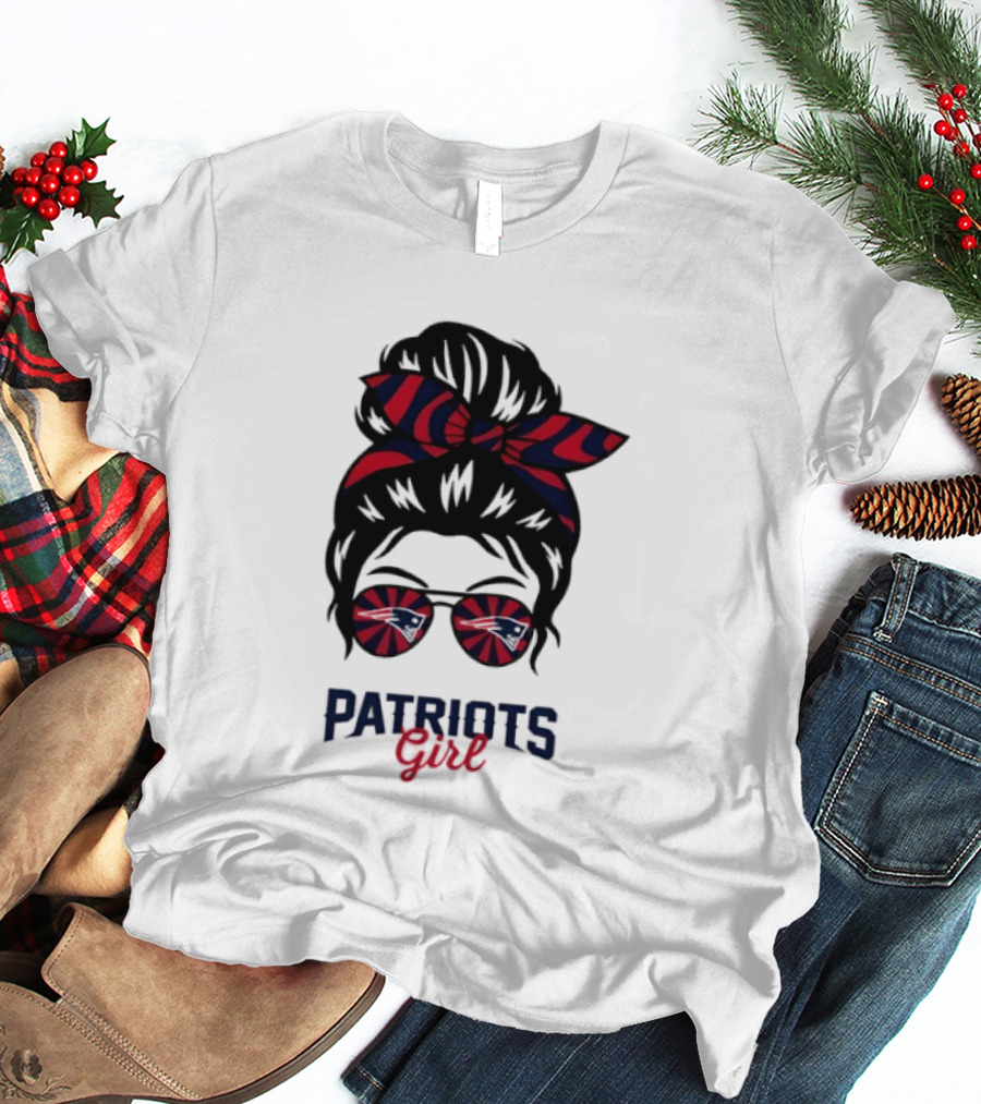 Patriots Girl Messy Bun Glasses Red Blue Bow Fan T-Shirt