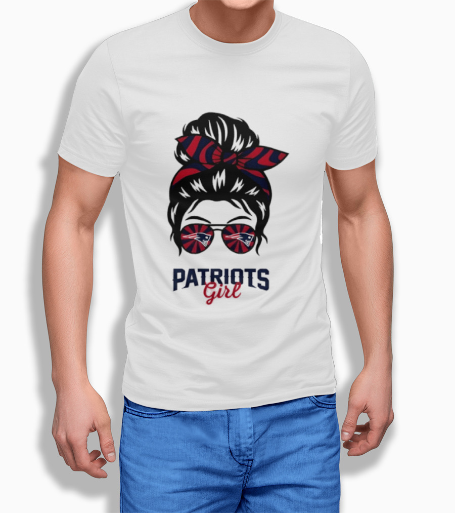Patriots Girl Messy Bun Glasses Red Blue Bow Fan T-Shirt