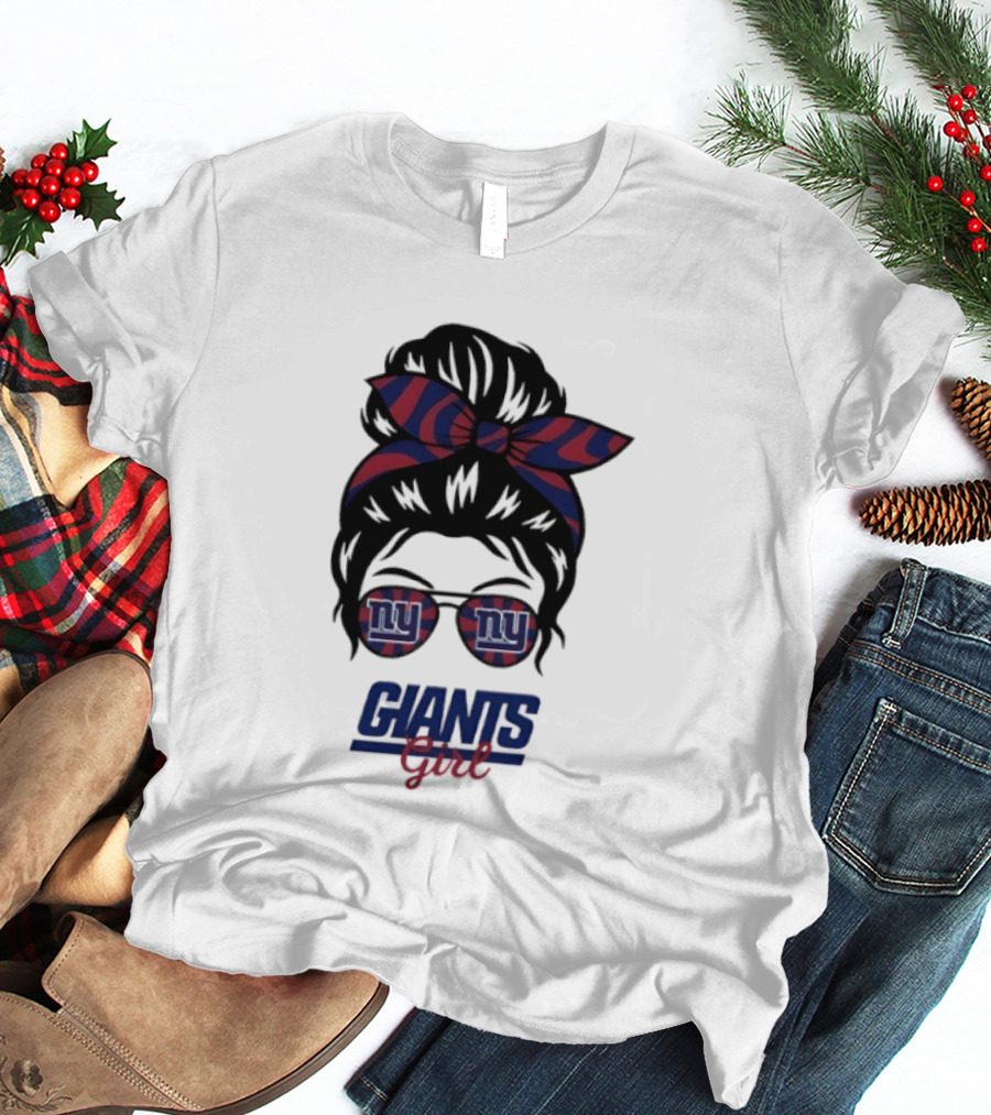 New York Giants Girl Messy Bun Glasses Bow T-Shirt