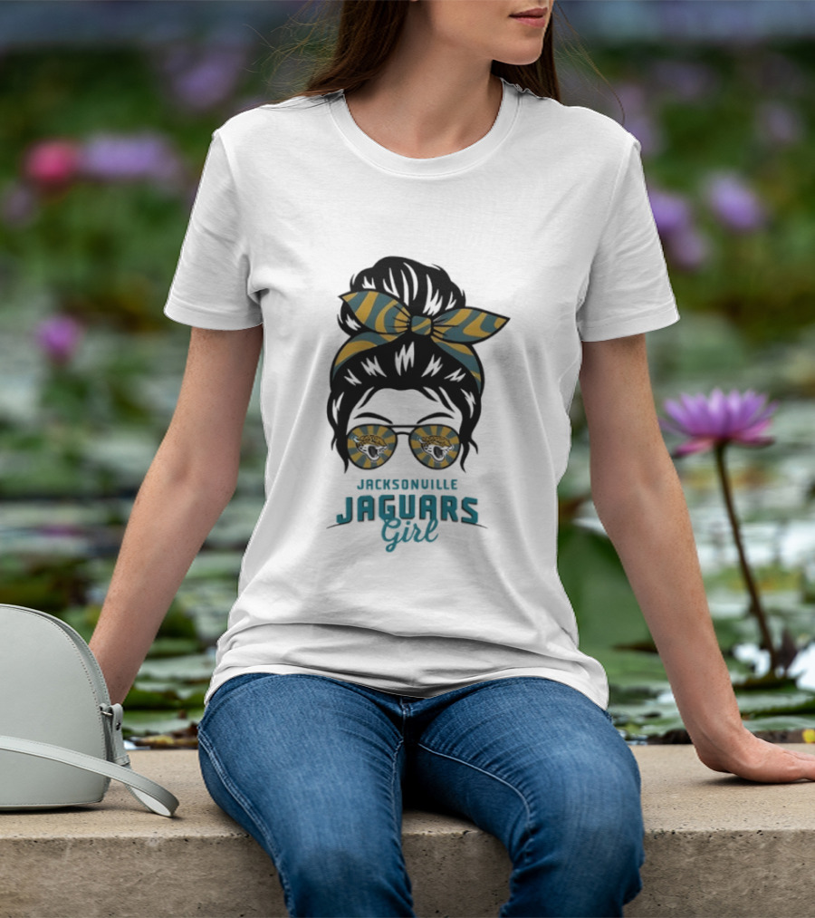 Jacksonville Jaguars Girl Messy Bun Glasses Bow Fan Spirit T-Shirt