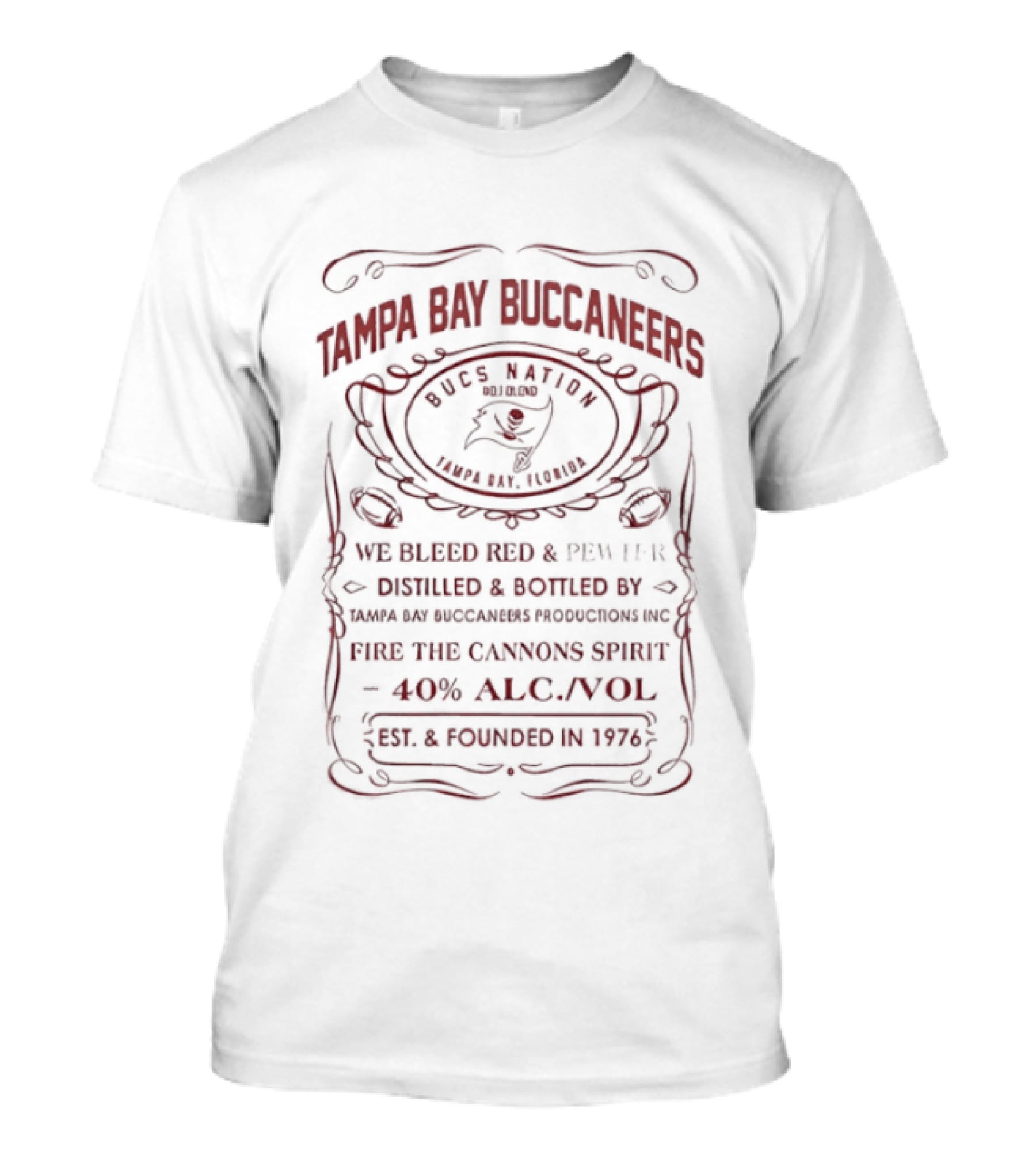 Tampa Bay Buccaneers Whiskey Label Style Aged Barrel Proof 40% Established 1976 T-Shirt