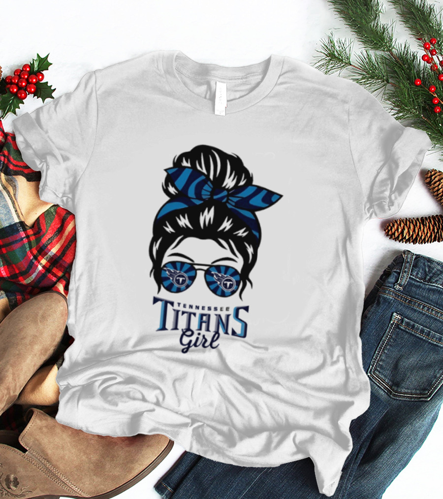 Tennessee Titans Girl Messy Bun Glasses Bow T-Shirt