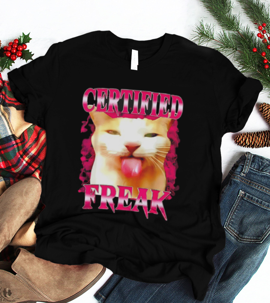 Certified Freak Cat Tongue Out Pink Edge T-Shirt