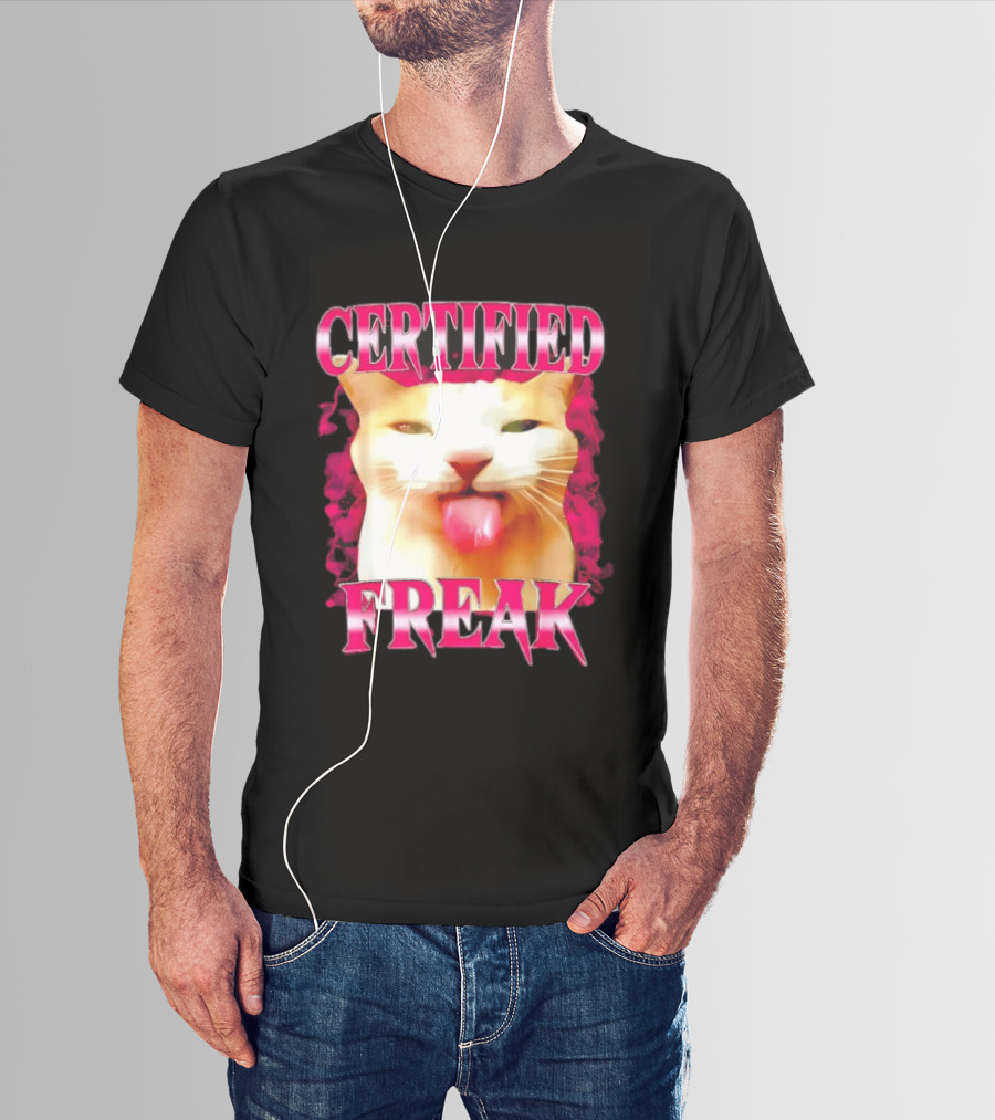 Certified Freak Cat Tongue Out Pink Edge T-Shirt
