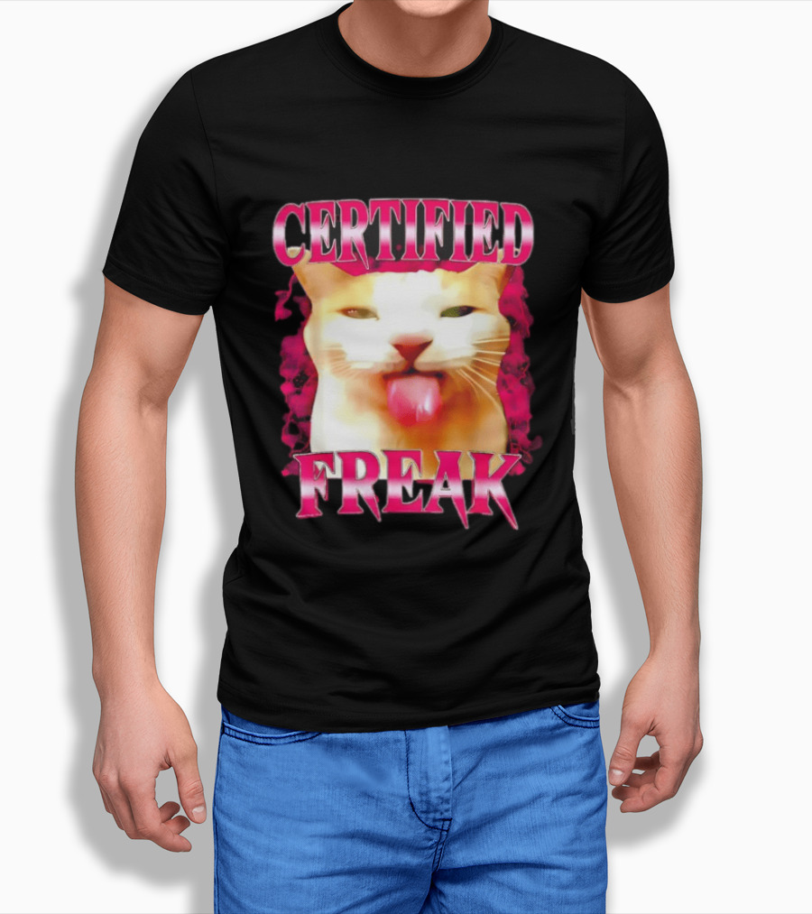 Certified Freak Cat Tongue Out Pink Edge T-Shirt
