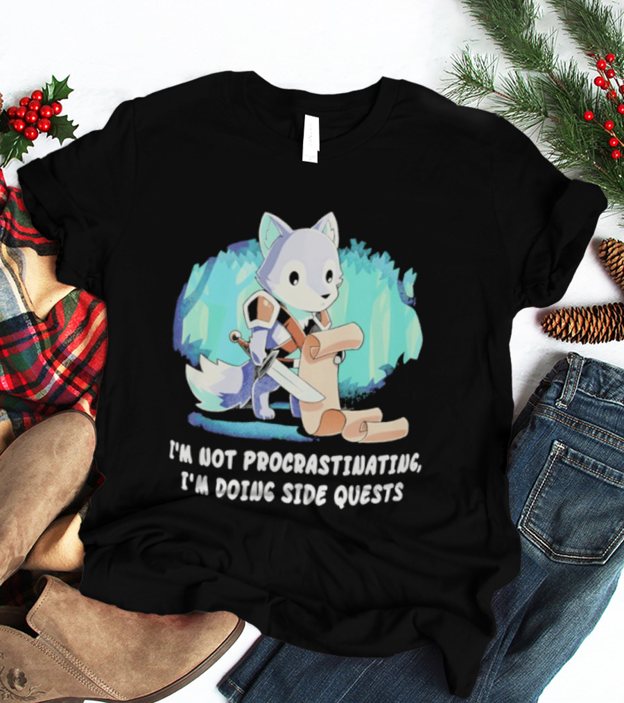 I'm Not Procrastinating I'm Doing Side Quests Cute Fantasy Wolf Cartoon T-Shirt
