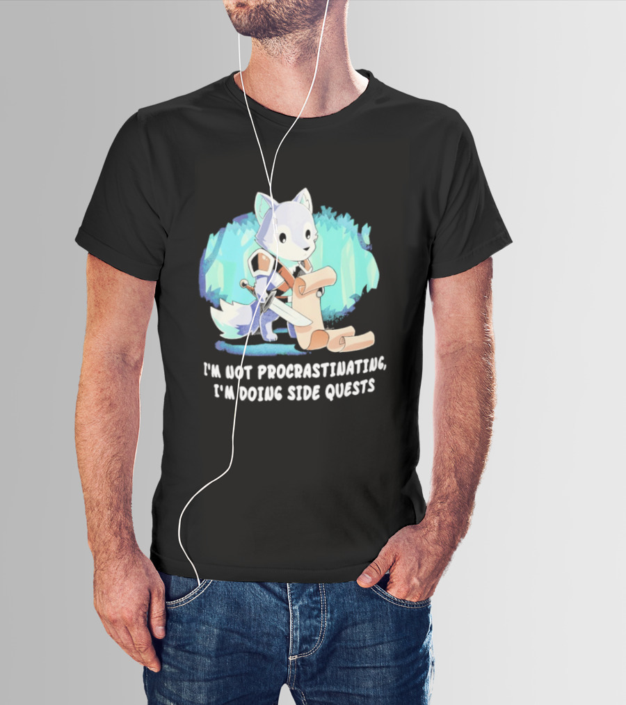 I'm Not Procrastinating I'm Doing Side Quests Cute Fantasy Wolf Cartoon T-Shirt