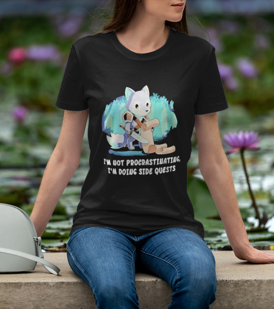 I'm Not Procrastinating I'm Doing Side Quests Cute Fantasy Wolf Cartoon T-Shirt