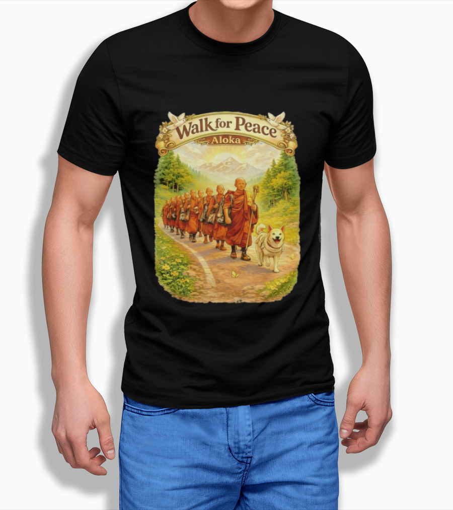 Walk For Peace Aloka Monks With Dog In Nature Trail T-Shirt