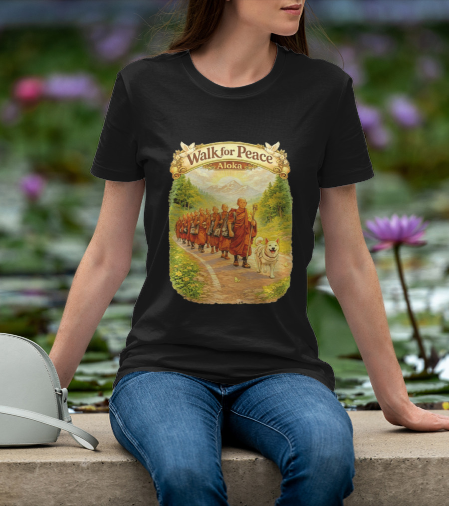Walk For Peace Aloka Monks With Dog In Nature Trail T-Shirt