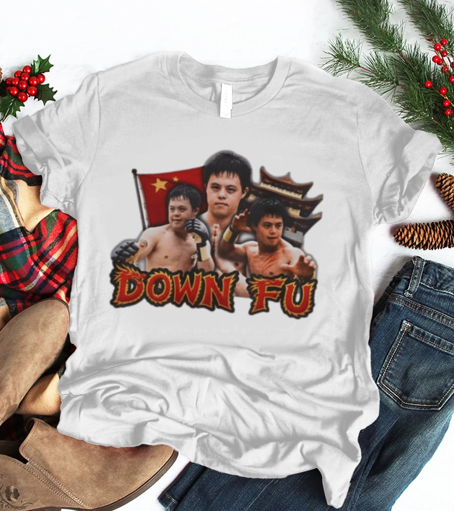 Down Fu Martial Arts Style With Fighters And Chinese Pagoda T-Shirt