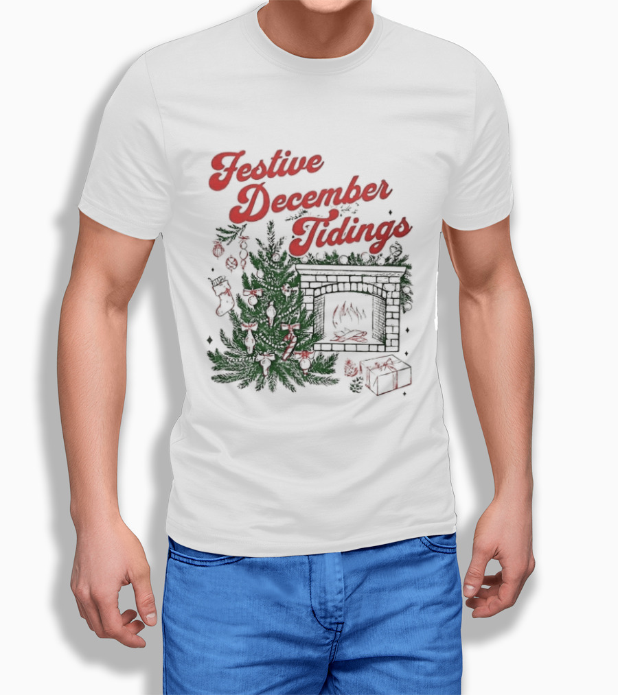 Festive December Tidings Christmas Tree Fireplace Holiday T-Shirt