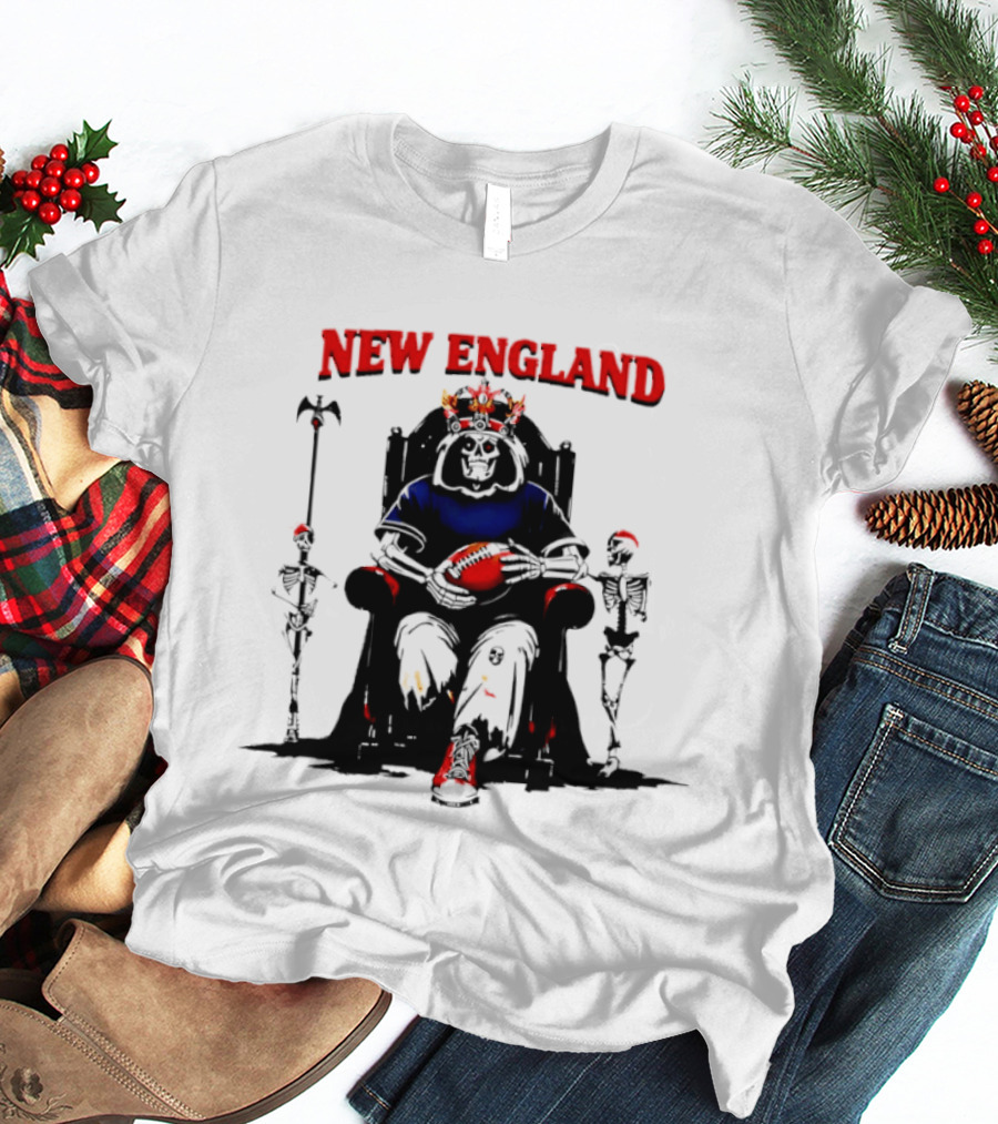 New England Skeletal Football Monarch Sitting On A Throne With Staff T-Shirt