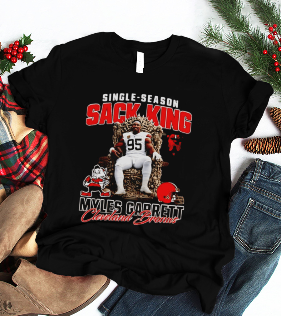 Single Season Sack King Myles Garrett Cleveland Browns 95 Throne Motif T-Shirt