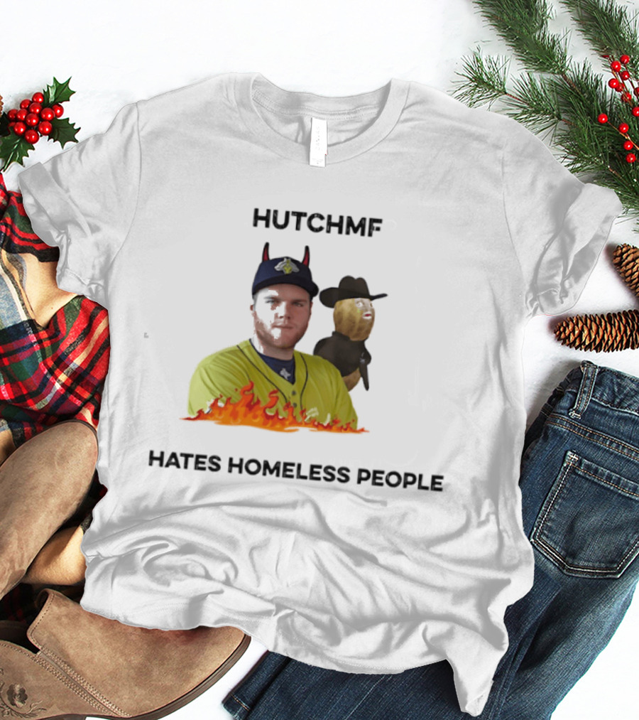 Hutchmf Hates Homeless People Devil Horns Yellow Jersey Flames T-Shirt