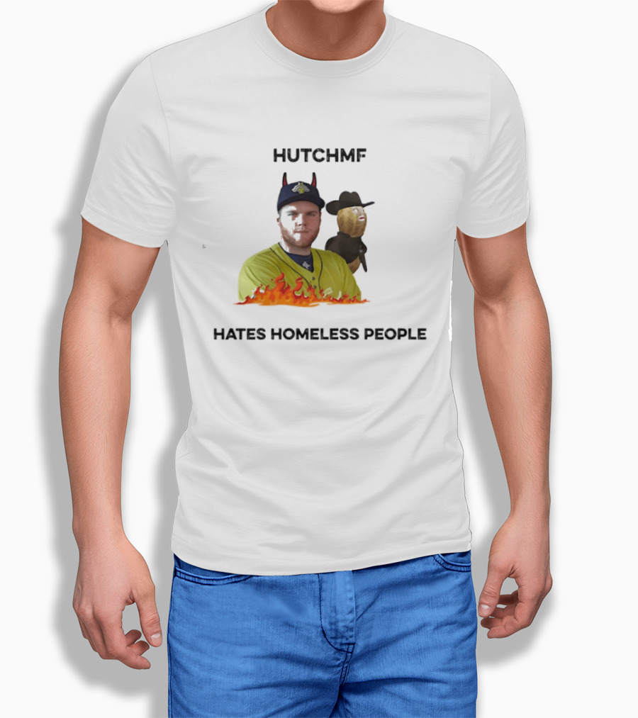 Hutchmf Hates Homeless People Devil Horns Yellow Jersey Flames T-Shirt