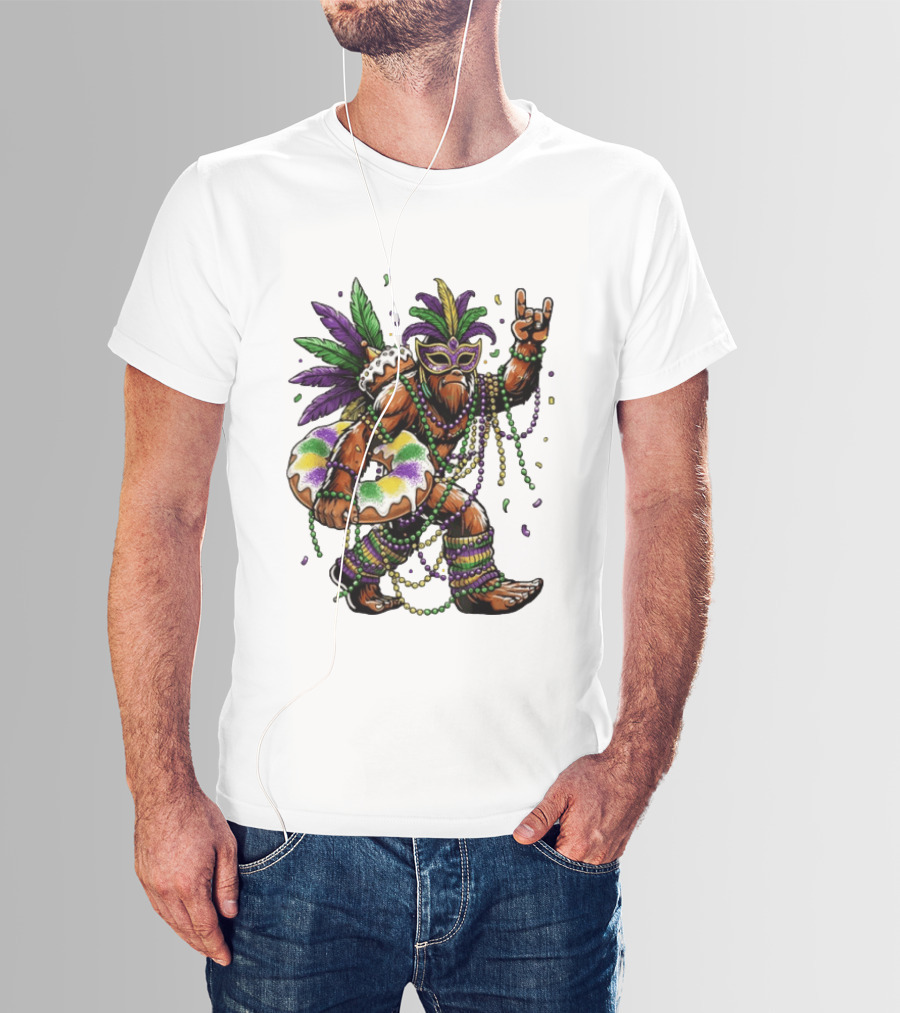 Mardi Gras Bigfoot King Rock And Roll Hand Beads Cake Donut T-Shirt
