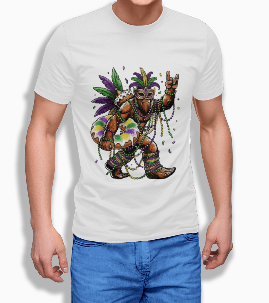 Mardi Gras Bigfoot King Rock And Roll Hand Beads Cake Donut T-Shirt