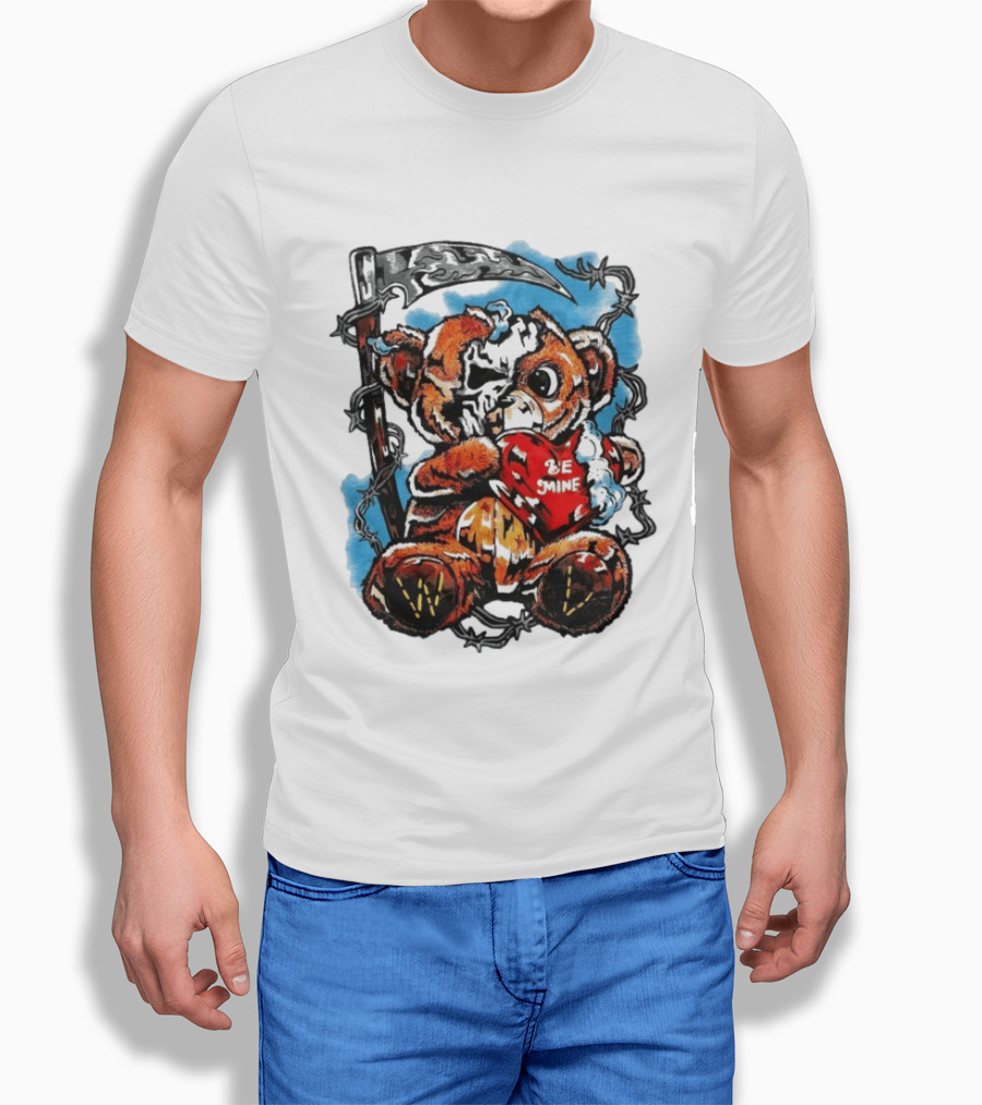Warren Lotas Be Mine Teddy Grim Reaper Barbed Wire Valentine Scythe T-Shirt