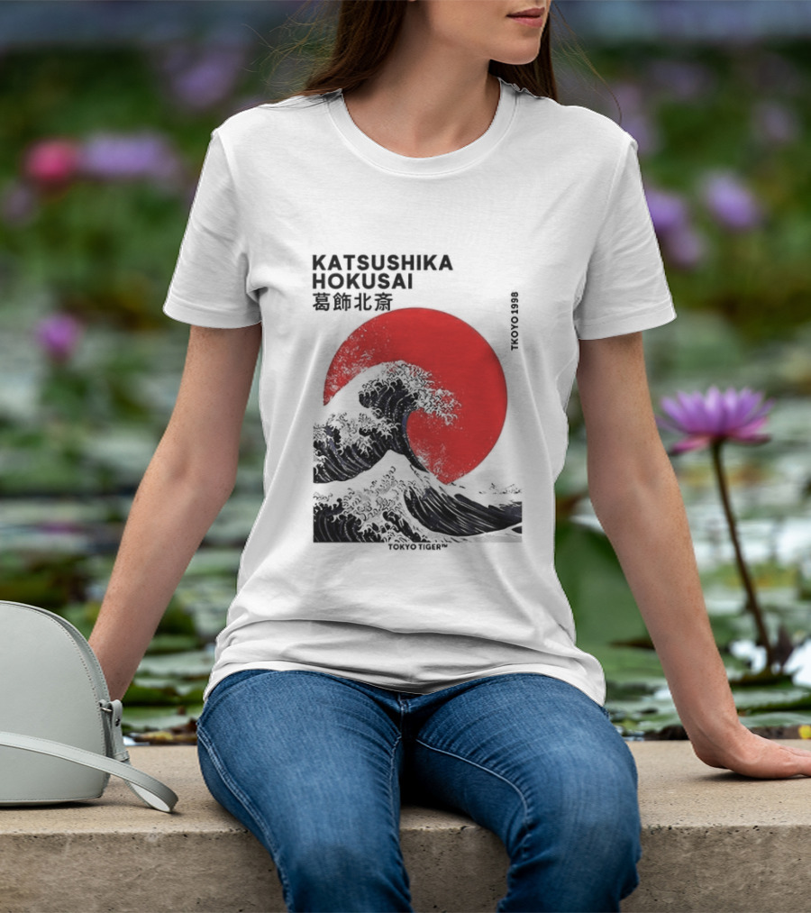 Katsushika Hokusai The Great Wave And Red Sun Japanese Ukiyo E T-Shirt