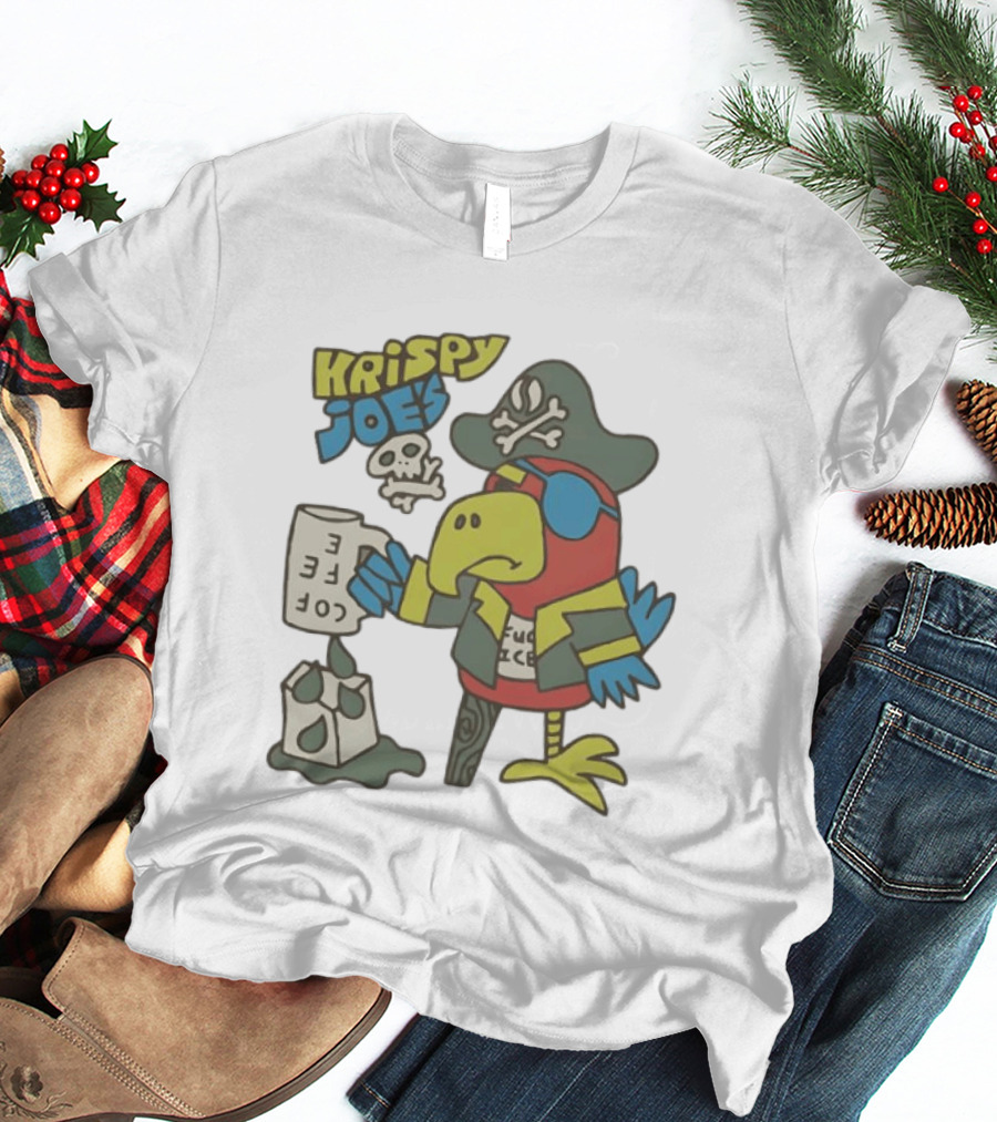 Krispy Joe's Pirate Parrot Coffee Spill Cartoon T-Shirt