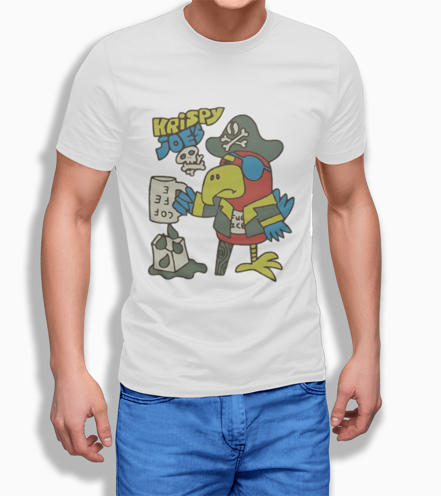 Krispy Joe's Pirate Parrot Coffee Spill Cartoon T-Shirt