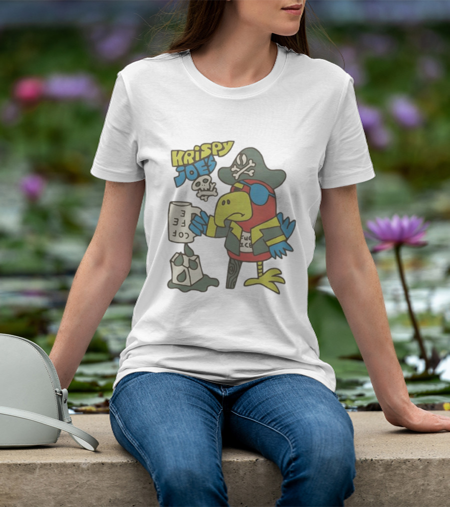 Krispy Joe's Pirate Parrot Coffee Spill Cartoon T-Shirt