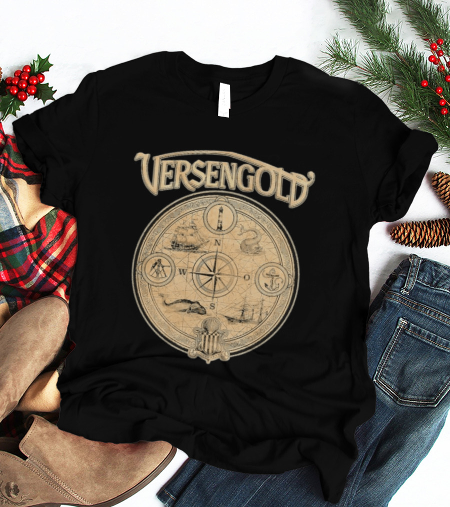 Versengold Nautical Compass Map With Ship Whale Anchor Lighthouse Chart T-Shirt