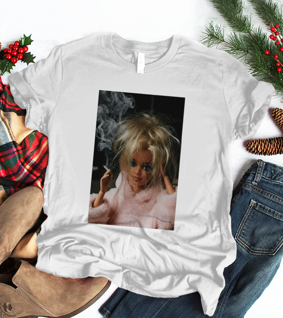 Cigarette Smoking Barbie Doll In Pink Fur Coat T-Shirt