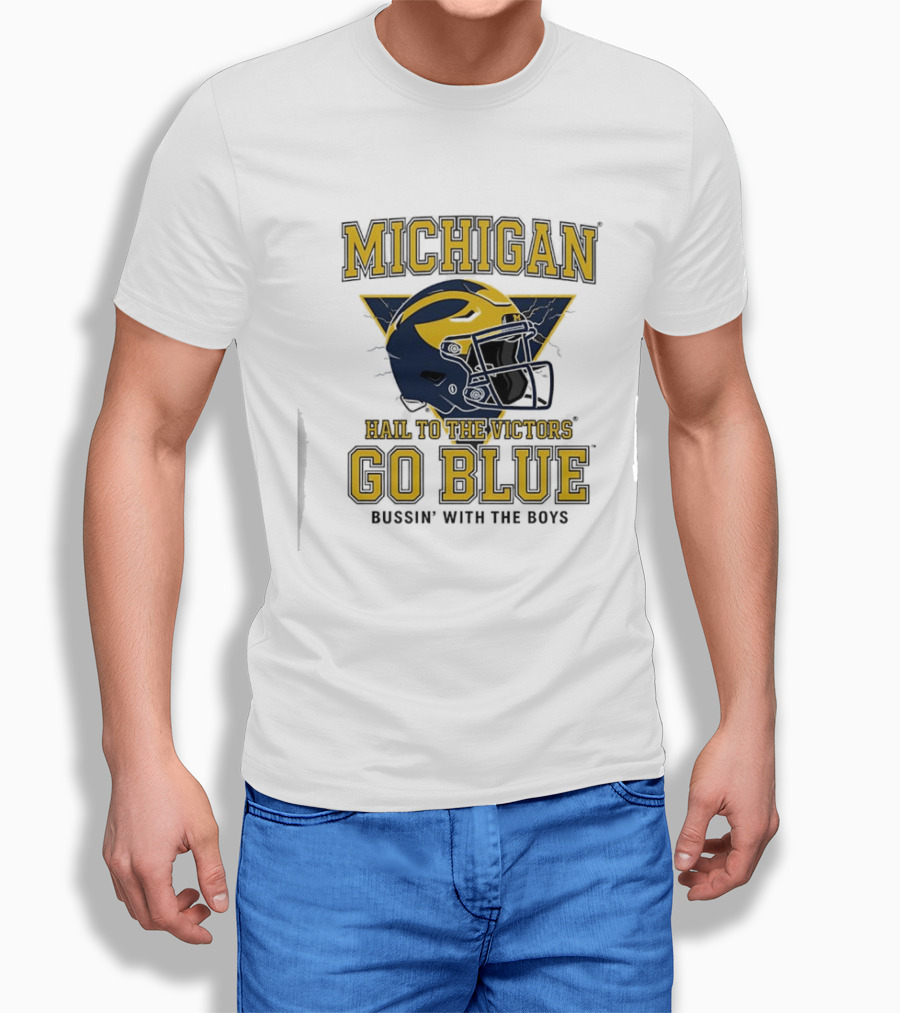 Michigan Hail To The Victors Go Blue Bussin' With The Boys Helmet T-Shirt