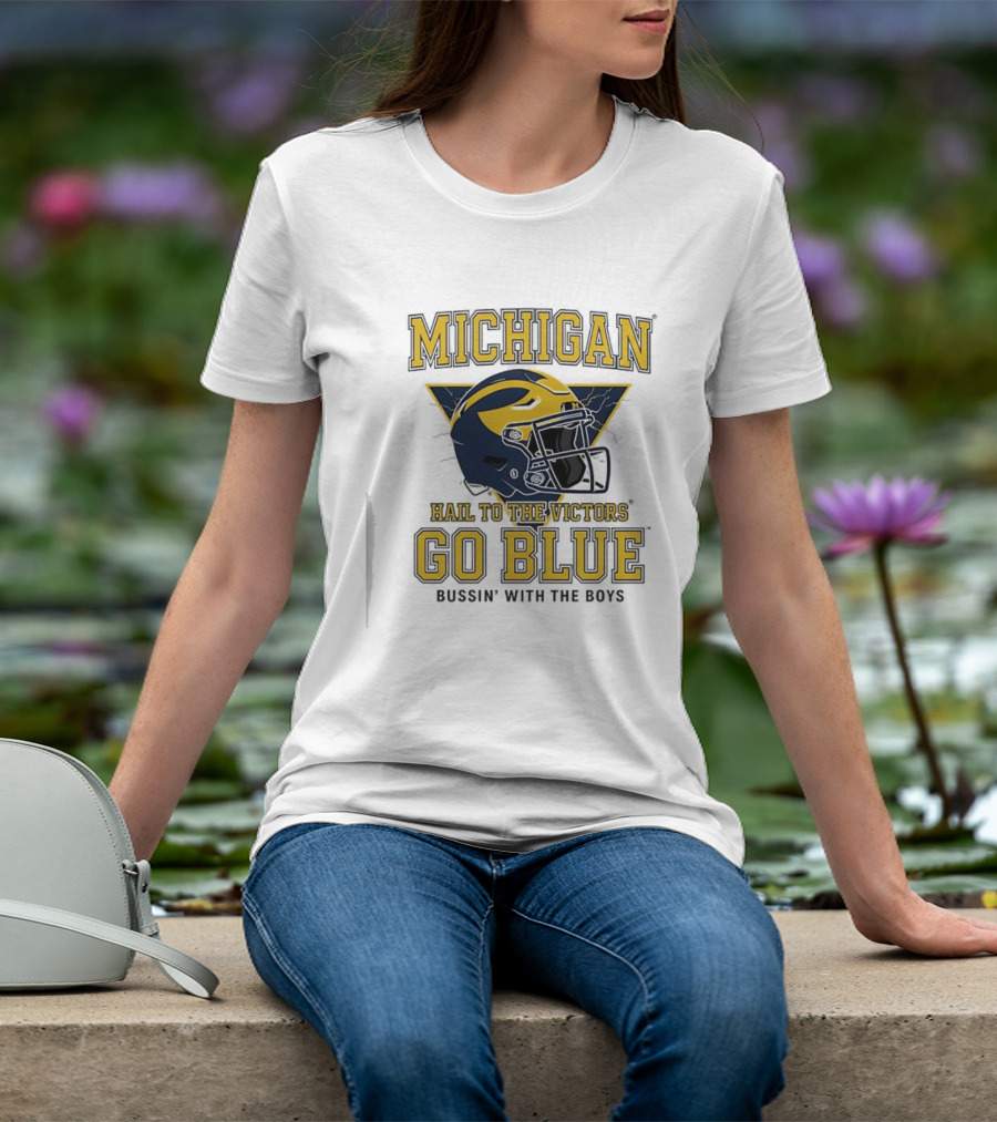 Michigan Hail To The Victors Go Blue Bussin' With The Boys Helmet T-Shirt