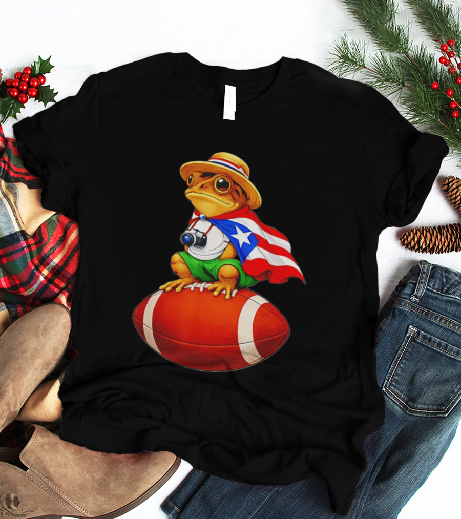 Puerto Rico Coqui Frog With Hat And Flag Sitting On Football T-Shirt