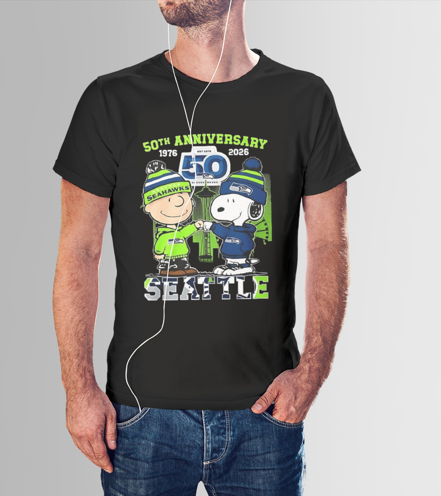 Seattle Seahawks 50th Anniversary 1976 2026 Charlie Brown Snoopy T-Shirt