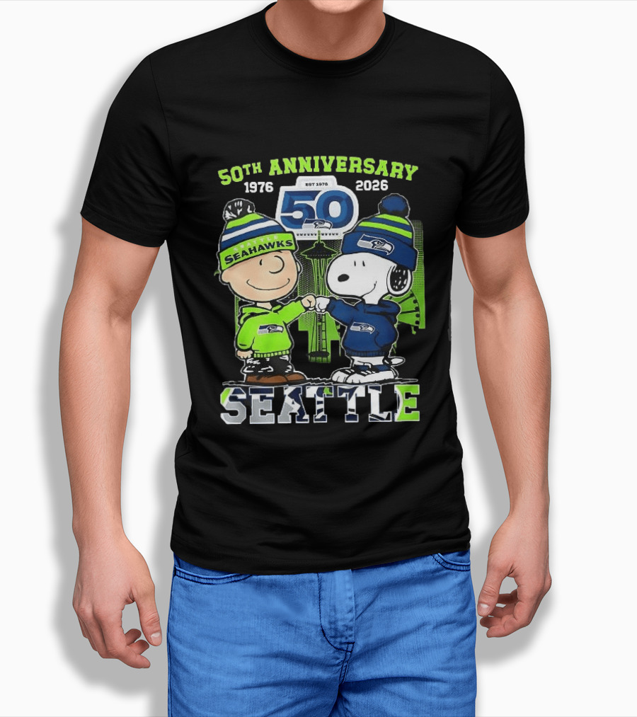Seattle Seahawks 50th Anniversary 1976 2026 Charlie Brown Snoopy T-Shirt