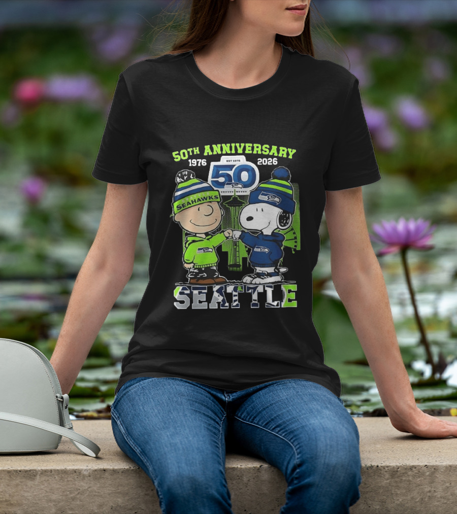 Seattle Seahawks 50th Anniversary 1976 2026 Charlie Brown Snoopy T-Shirt