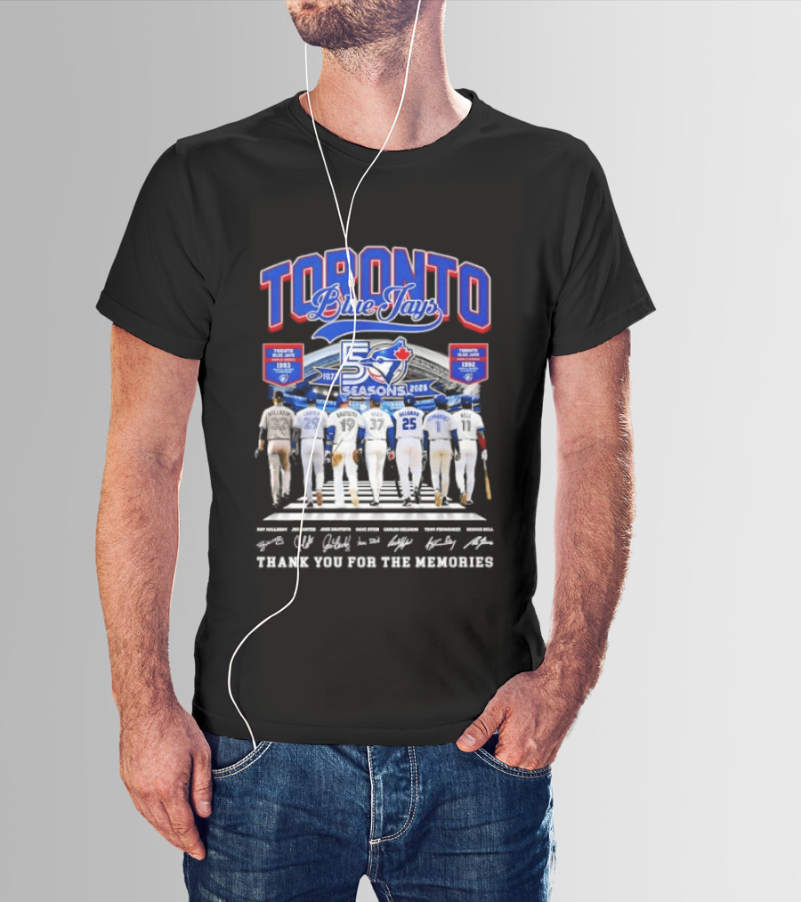 Toronto Blue Jays Blue 50 Seasons 1977 To 2026 Commemorative Signatures Thank You For The Memories T-Shirt