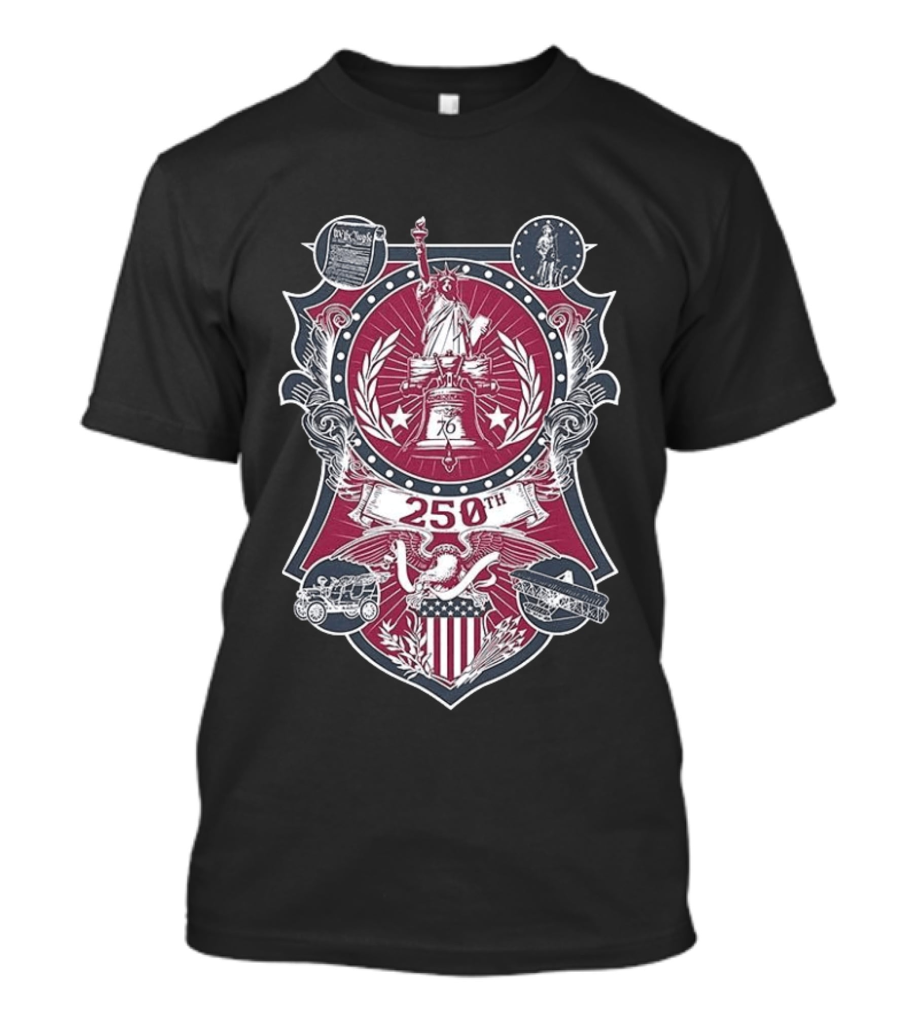 United States 250th Commemorative With Liberty Bell Statue Of Liberty And Eagle Crest T-Shirt