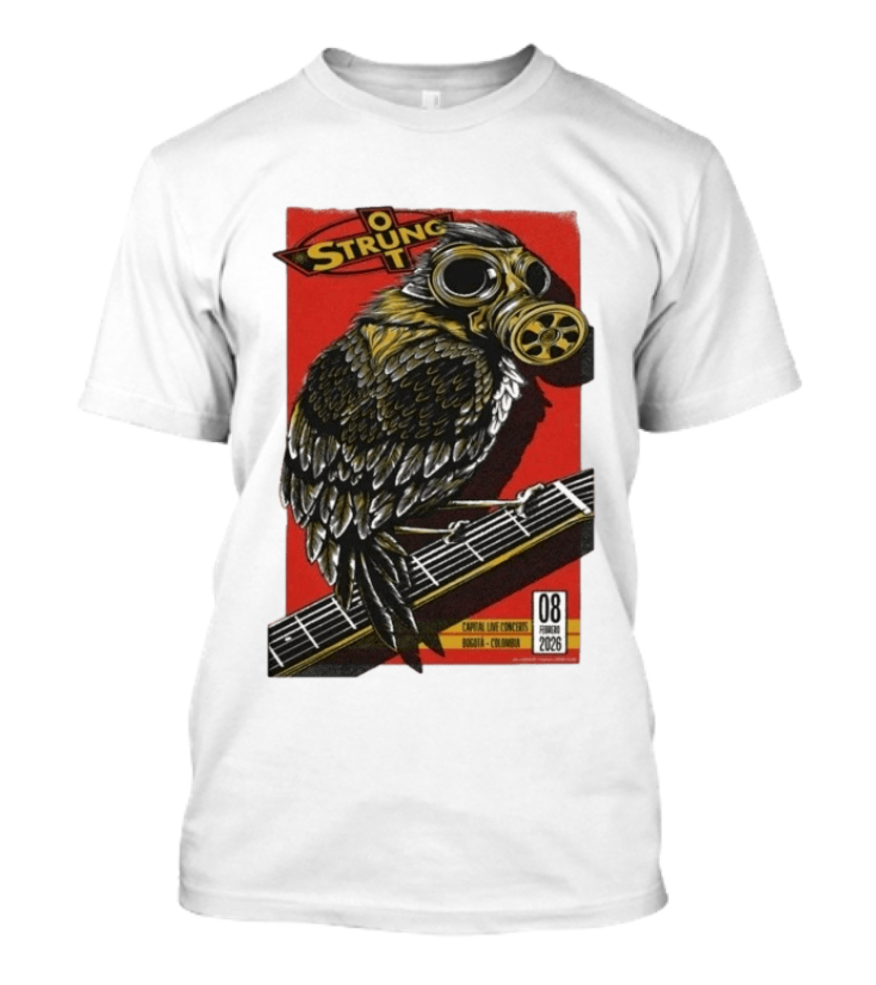 Strung Out Feb 8 2026 Bogota Colombia Bird Gas Mask Concept Concert Tour T-Shirt