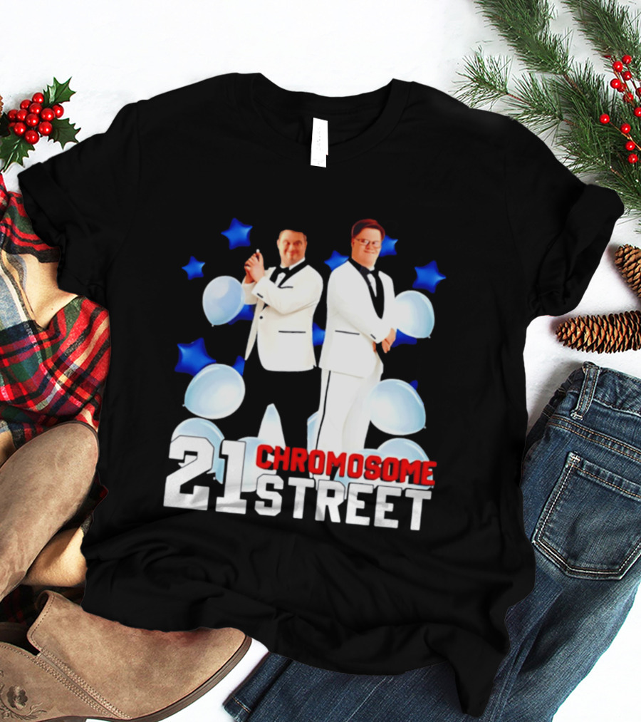 21 Chromosome Street Down Syndrome Stars Balloons White Suits T-Shirt