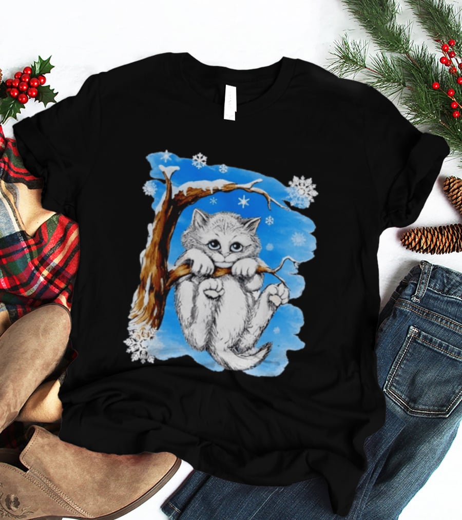 Hang In There Baby Cat In Snow With Snowflakes And Blue Sky T-Shirt