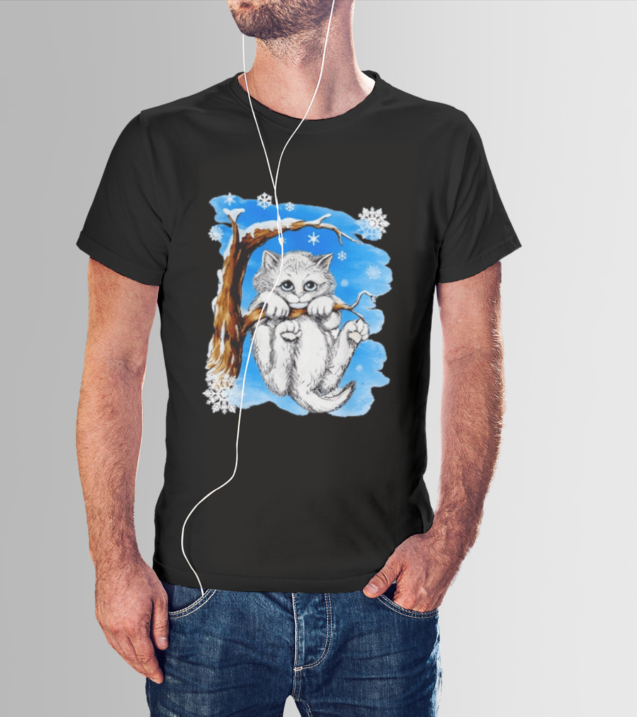 Hang In There Baby Cat In Snow With Snowflakes And Blue Sky T-Shirt