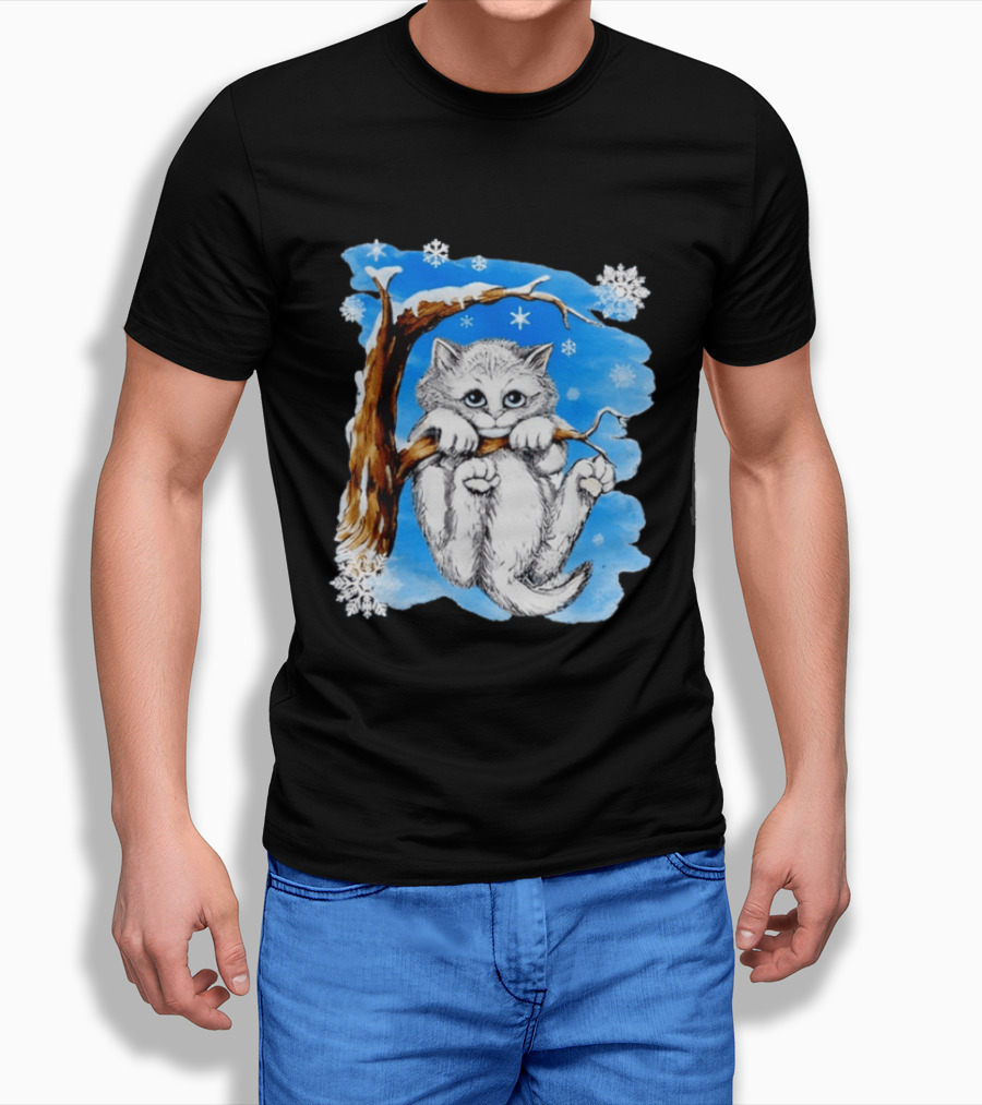 Hang In There Baby Cat In Snow With Snowflakes And Blue Sky T-Shirt