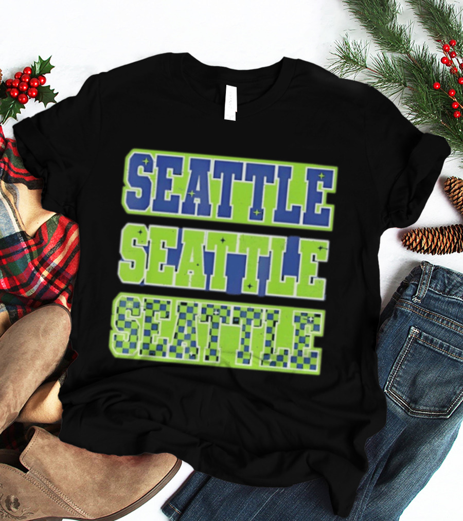 Seattle Blue Green Stars Checkerboard T-Shirt