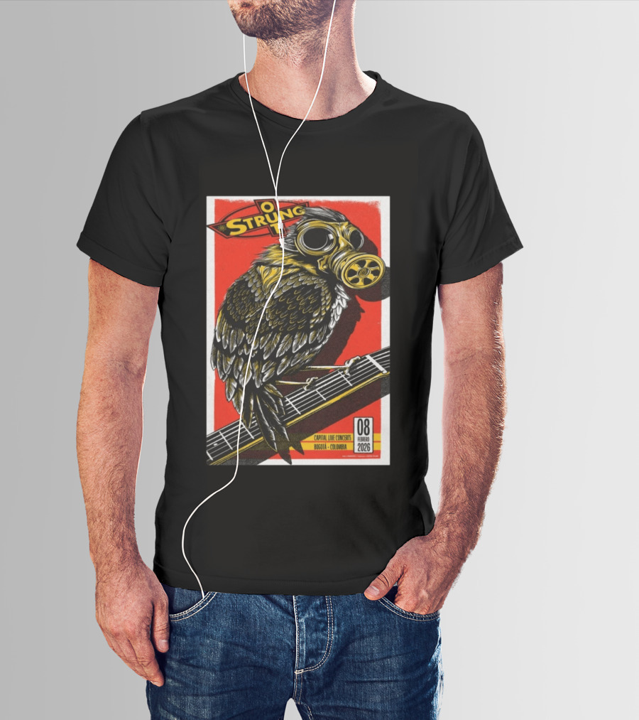 Strung Out February 8 2026 Capital Live Concerts Bogota Colombia Owl Gas Mask Guitar T-Shirt
