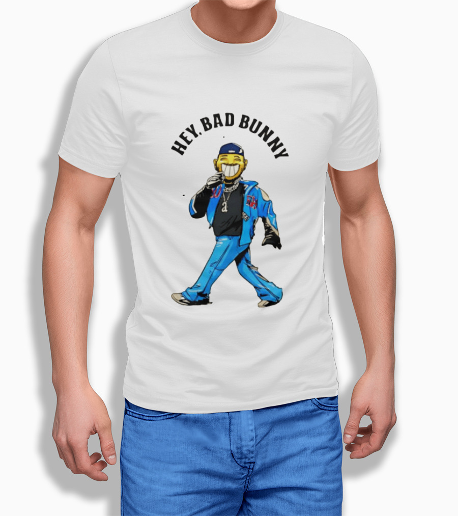 HEY BAD BUNNY Blue Jacket Character Black Outfit Chains T-Shirt
